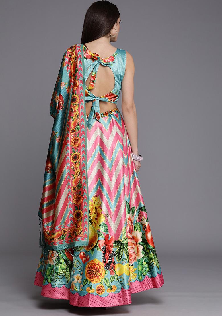 Sky Blue Printed Satin Silk Lehenga Set