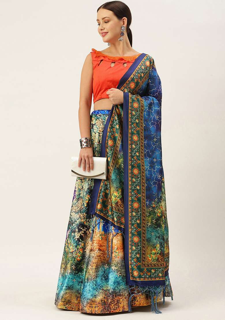Orange Print Satin Silk Blend Lehenga Set for Diwali | Wedding & Festive Wear - Indya