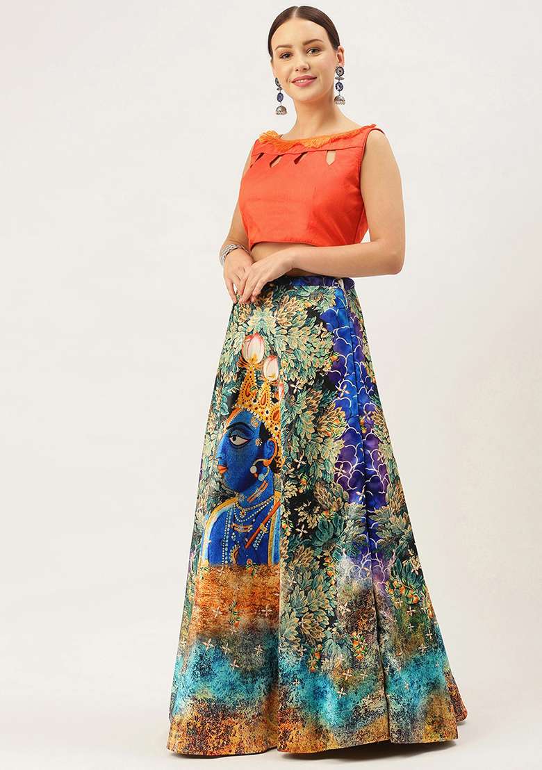 Orange Print Satin Silk Blend Lehenga Set for Diwali | Wedding & Festive Wear - Indya