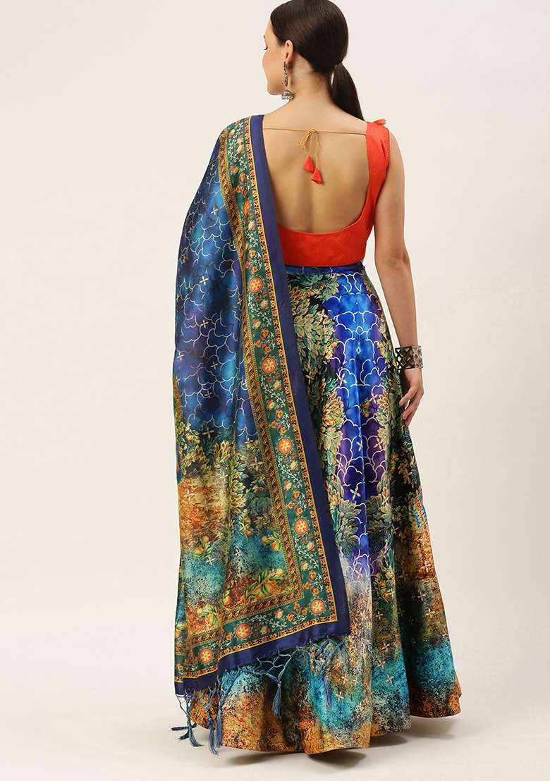 Orange Print Satin Silk Blend Lehenga Set for Diwali | Wedding & Festive Wear - Indya