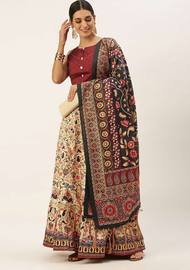Maroon Print Silk Blend Satin Lehenga Set for Diwali and Festive Wear - Indya