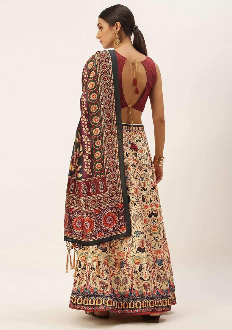 Maroon Print Silk Blend Satin Lehenga Set for Diwali and Festive Wear - Indya