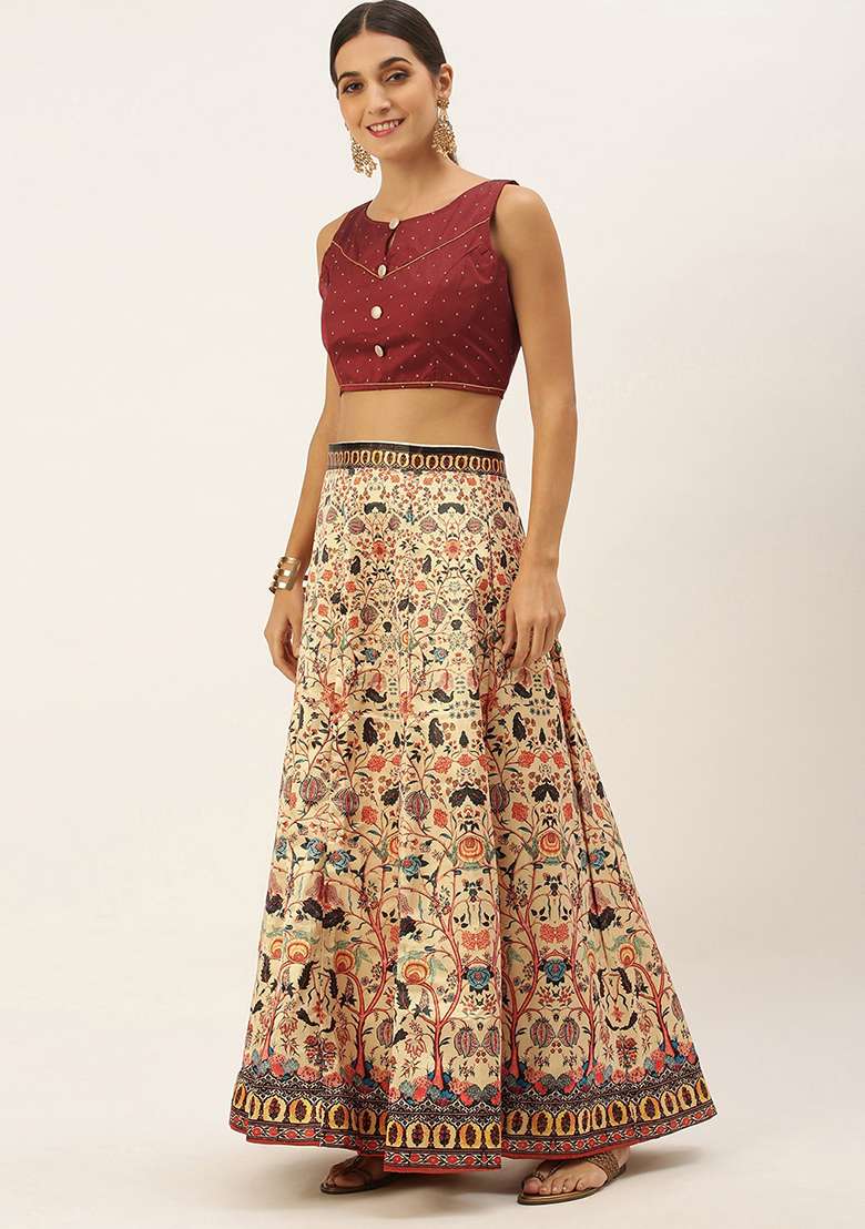 Maroon Print Silk Blend Satin Lehenga Set for Diwali and Festive Wear - Indya