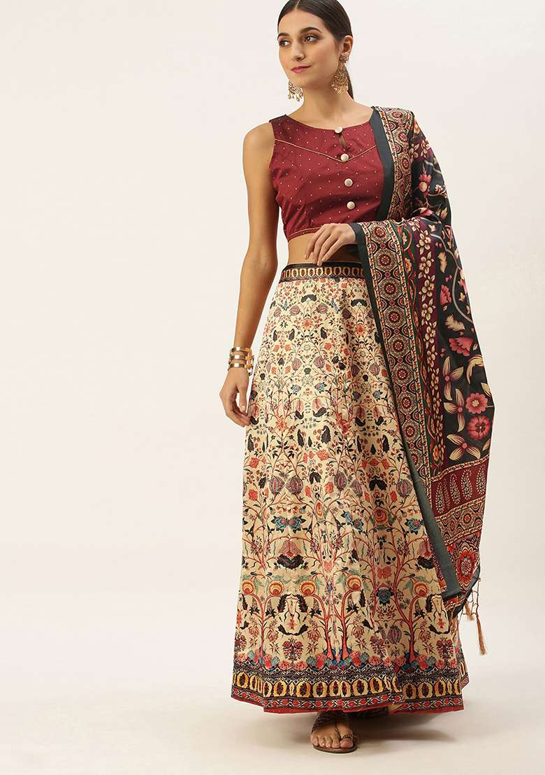 Maroon Print Silk Blend Satin Lehenga Set for Diwali and Festive Wear - Indya