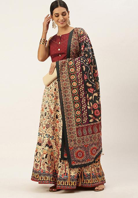 Maroon Print Silk Satin Lehenga Set