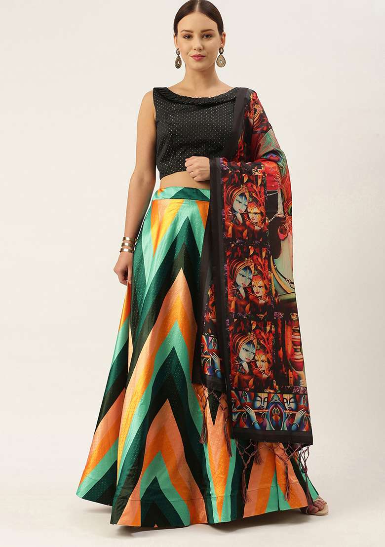 Black Digital Print Silk Blend Satin Lehenga Set for Diwali and Festive Wear - Indya
