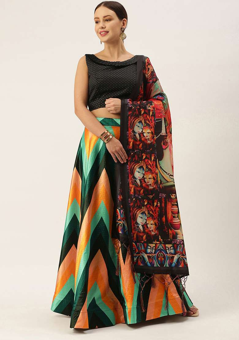 Black Digital Print Silk Blend Satin Lehenga Set for Diwali and Festive Wear - Indya