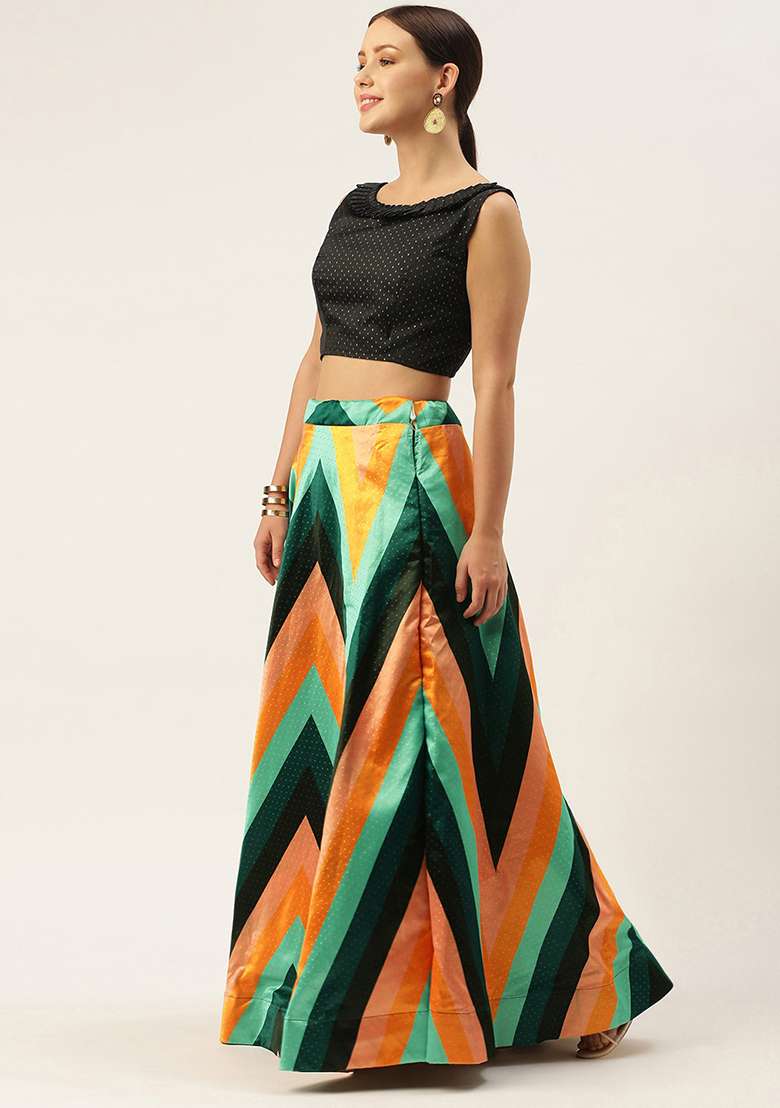 Black Digital Print Silk Blend Satin Lehenga Set for Diwali and Festive Wear - Indya