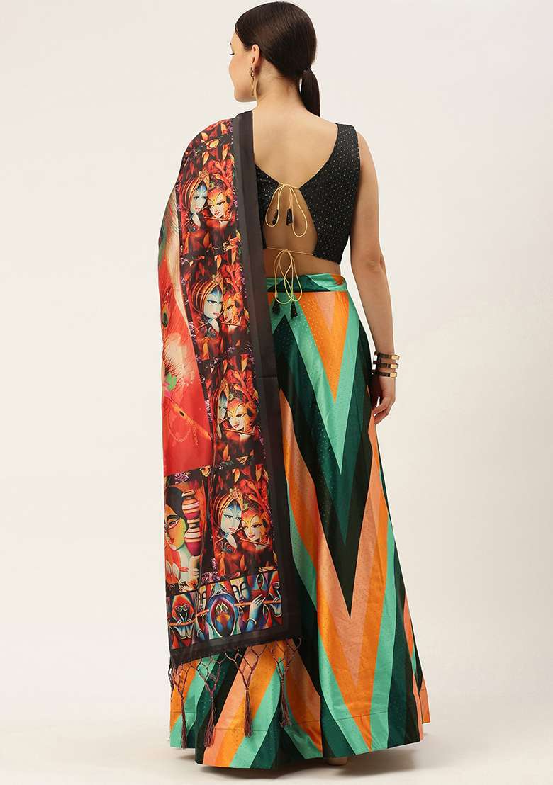 Black Digital Print Silk Blend Satin Lehenga Set for Diwali and Festive Wear - Indya
