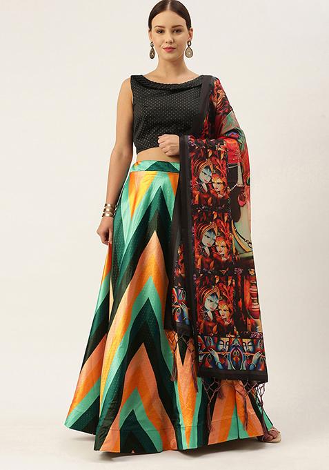 Black Digital Print Silk Satin Lehenga Set