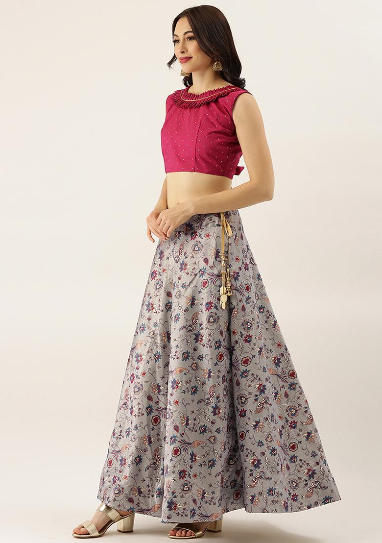 Maroon Digital Print Silk Satin Lehenga Set