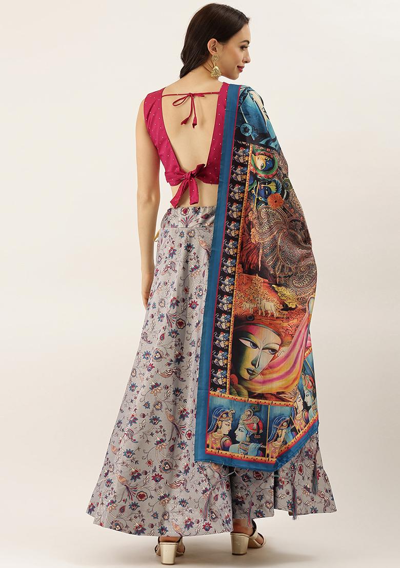 Maroon Digital Print Silk Satin Lehenga Set