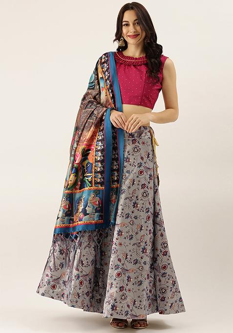 Maroon Digital Print Silk Satin Lehenga Set