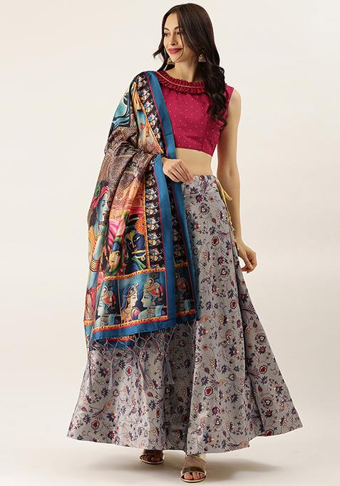 Maroon Digital Print Silk Satin Lehenga Set