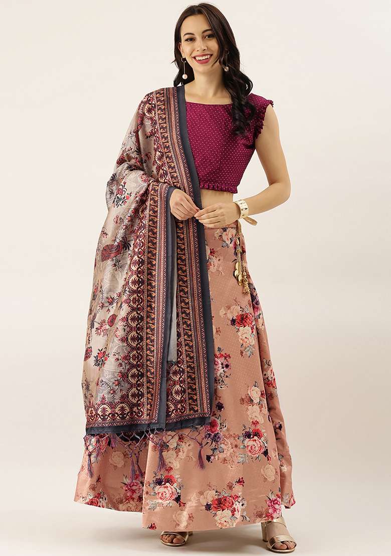 Dark Violet Digital Print Silk Blend Satin Lehenga Set for Diwali and Festive Wear - Indya