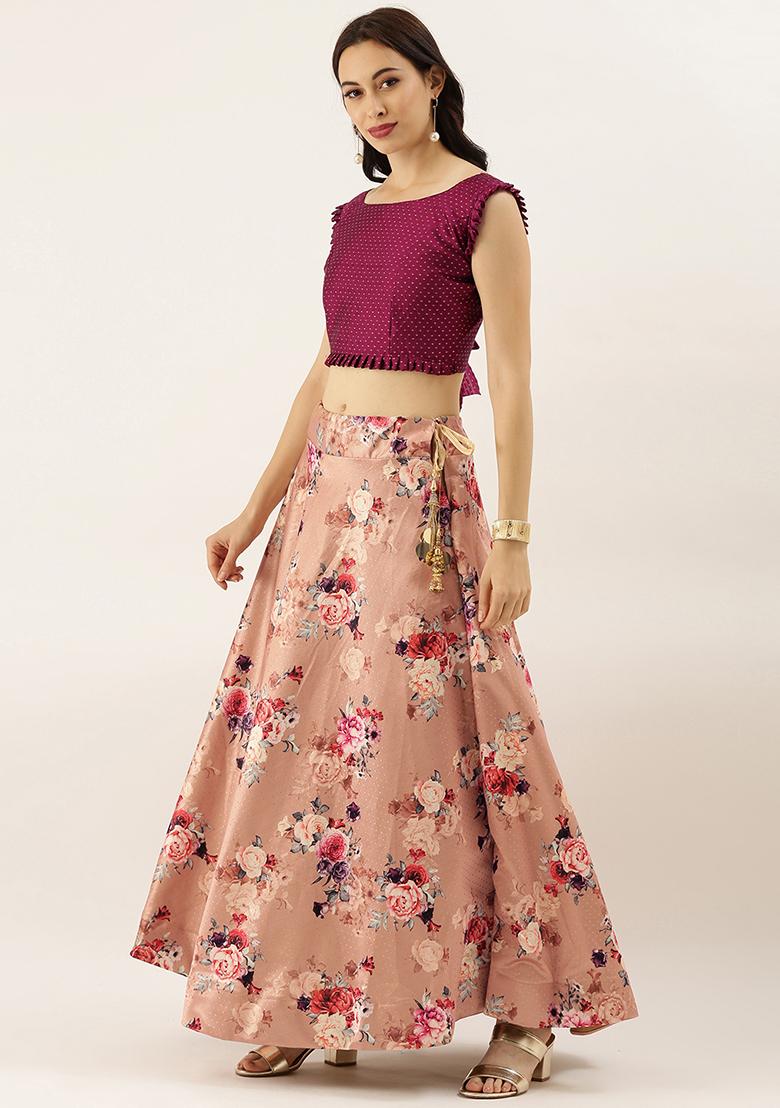 Dark Violet Digital Print Silk Satin Lehenga Set