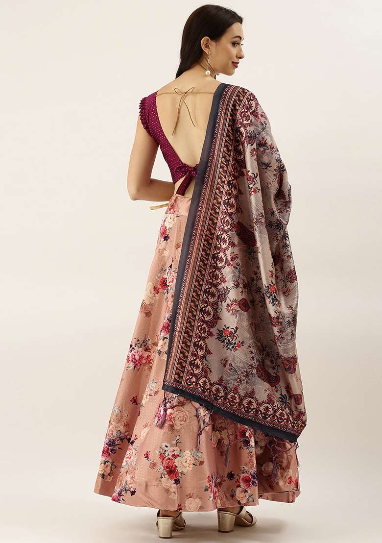 Dark Violet Digital Print Silk Blend Satin Lehenga Set for Diwali and Festive Wear - Indya