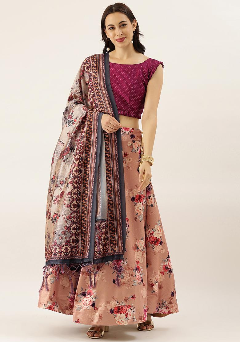 Dark Violet Digital Print Silk Satin Lehenga Set