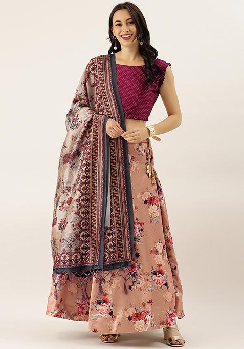 Dark Violet Digital Print Silk Satin Lehenga Set