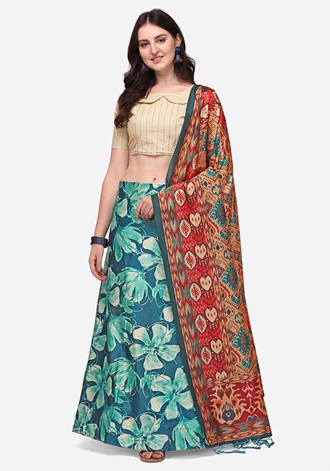 Dark Blue Digital Print Silk Satin Lehenga Set