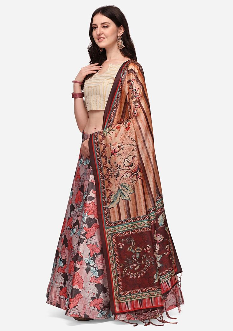 Cream Digital Print Silk Satin Lehenga Set