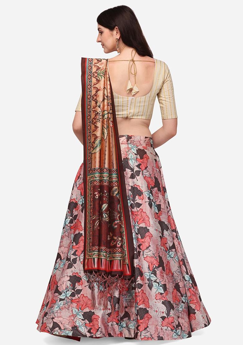 Cream Digital Print Silk Satin Lehenga Set