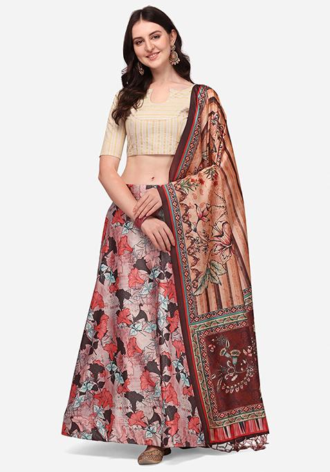 Cream Digital Print Silk Satin Lehenga Set