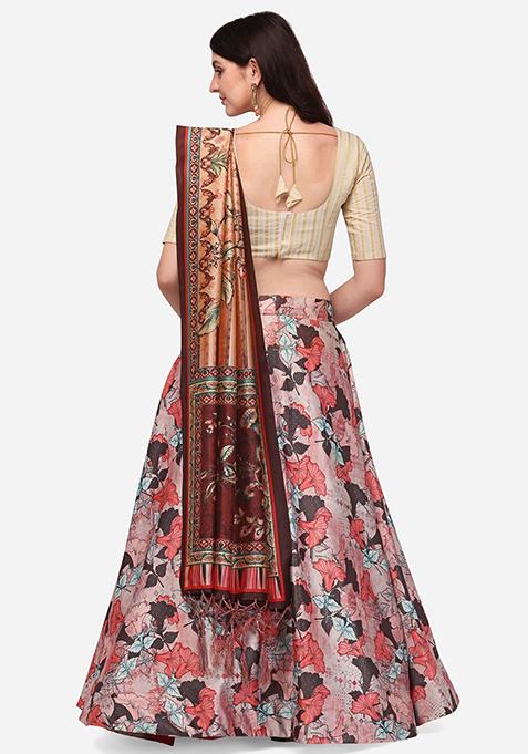 Cream Digital Print Silk Satin Lehenga Set