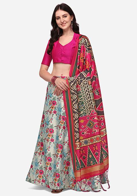 Pink Digital Print Silk Satin Lehenga Set