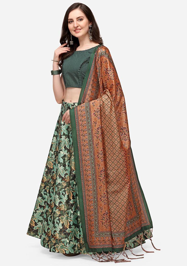 Green Digital Print Silk Satin Lehenga Set