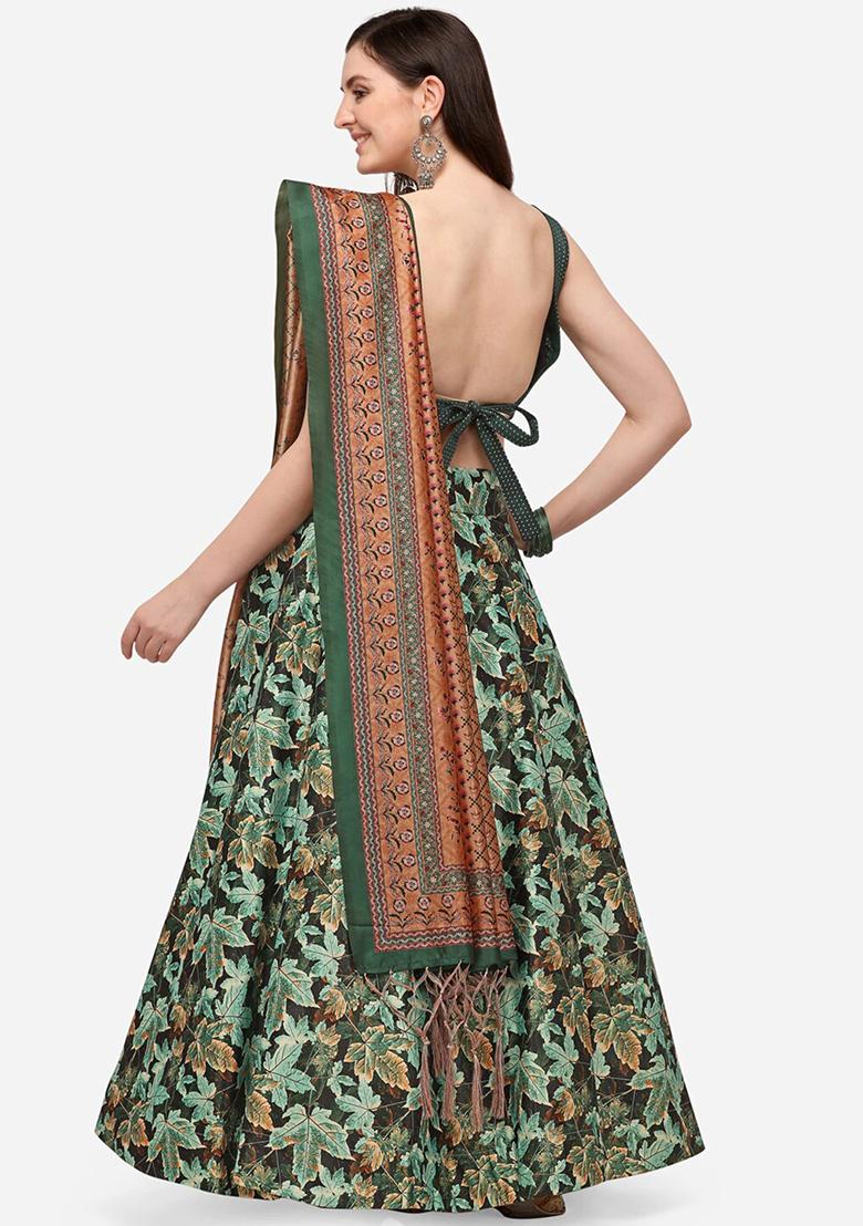 Green Digital Print Silk Satin Lehenga Set