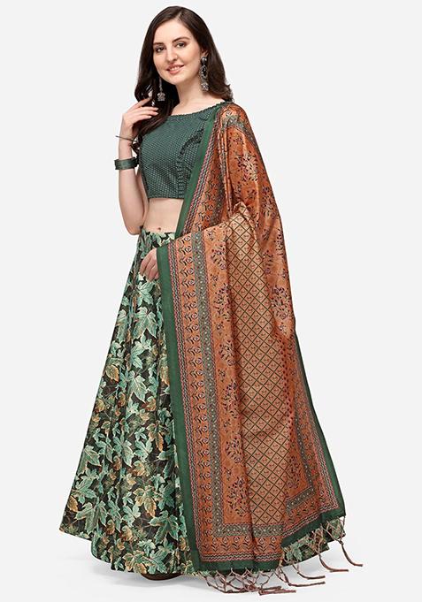 Green Digital Print Silk Satin Lehenga Set