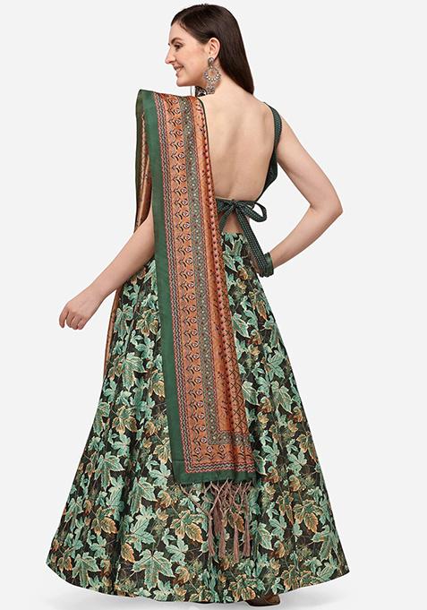 Green Digital Print Silk Satin Lehenga Set