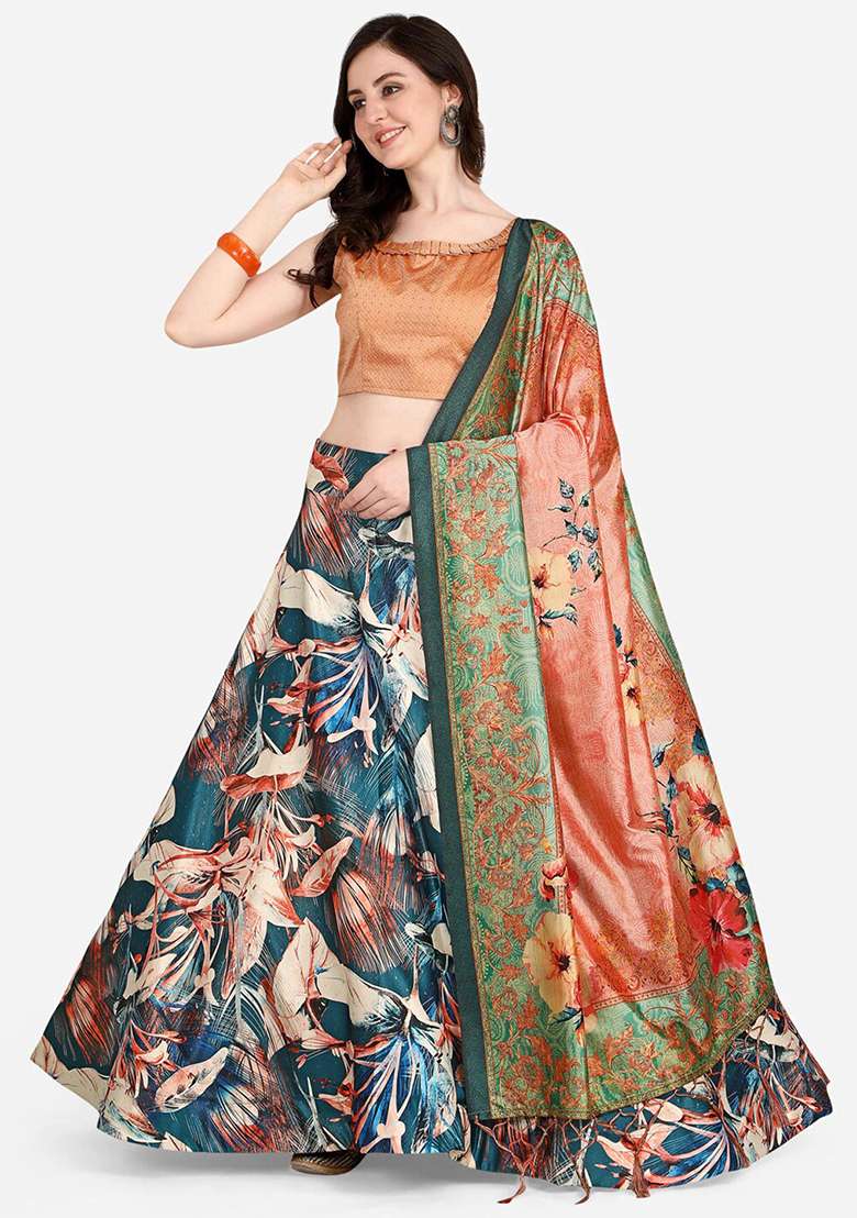 Peach Printed Silk Blend Satin Lehenga Set for Diwali and Festive Wear - Indya