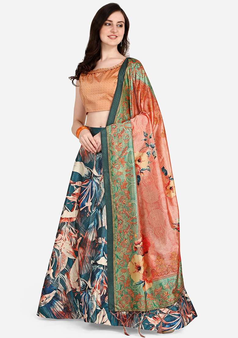 Peach Printed Silk Blend Satin Lehenga Set for Diwali and Festive Wear - Indya