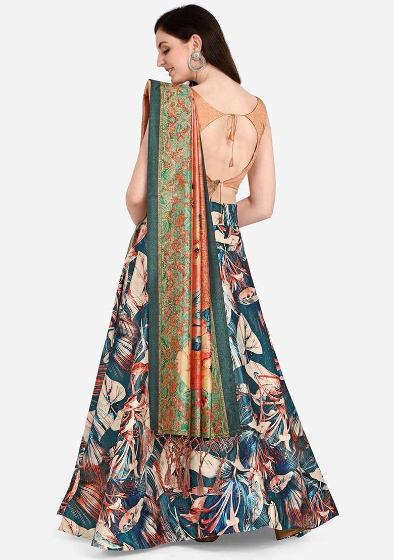 Peach Printed Silk Blend Satin Lehenga Set for Diwali and Festive Wear - Indya