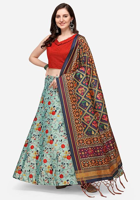 Red Digital Print Satin Silk Lehenga Set