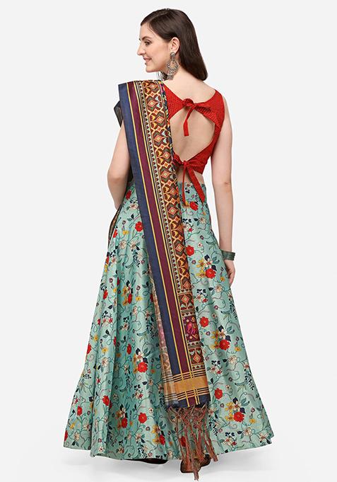 Red Digital Print Satin Silk Lehenga Set