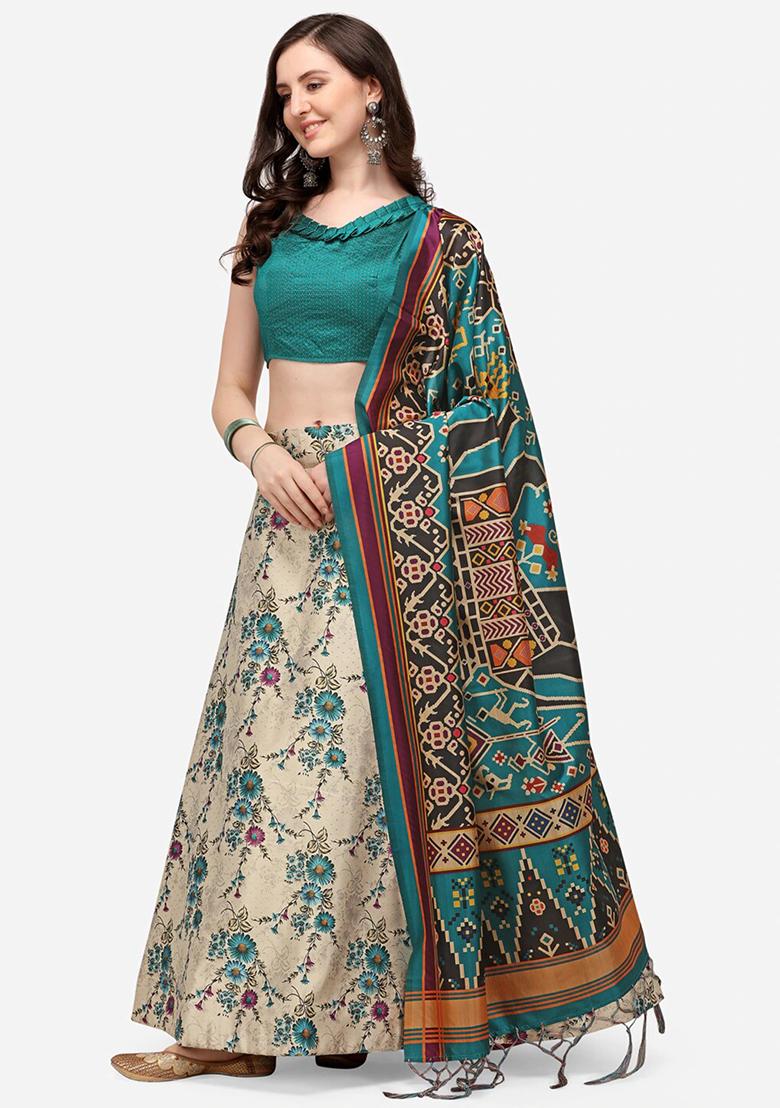 Teal Digital Print Satin Silk Lehenga Set