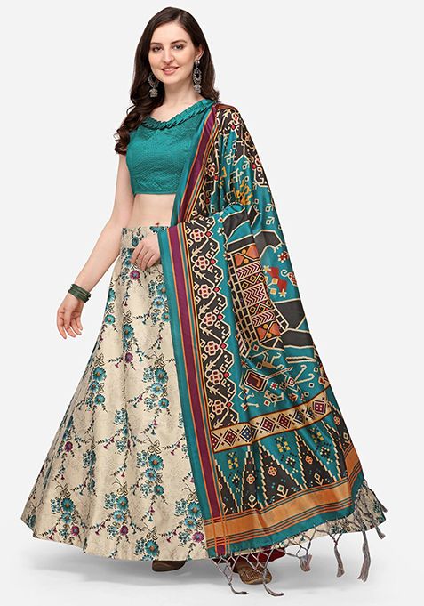 Teal Digital Print Satin Silk Lehenga Set