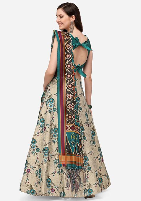 Teal Digital Print Satin Silk Lehenga Set