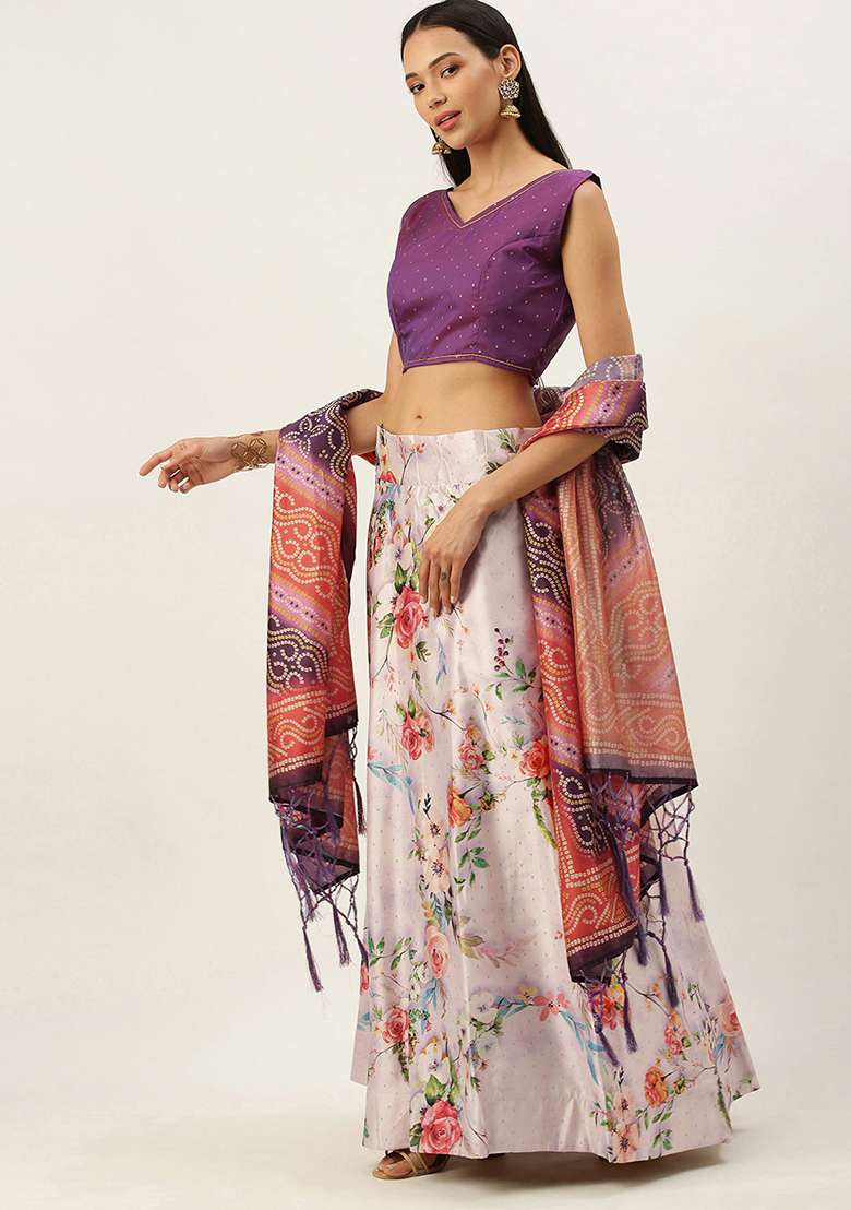 Violet Digital Print Silk Blend Satin Lehenga Set for Diwali and Festive Wear - Indya