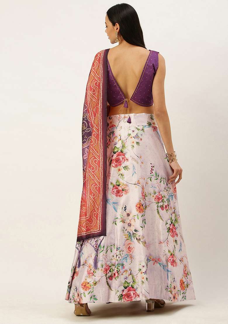 Violet Digital Print Silk Blend Satin Lehenga Set for Diwali and Festive Wear - Indya