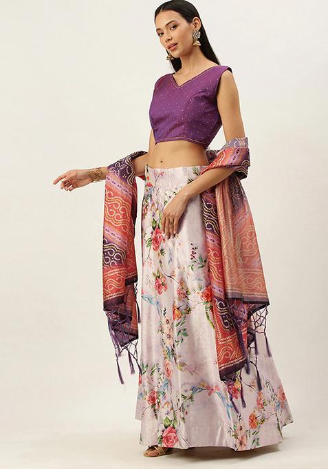 Violet Digital Print Silk Satin Lehenga Set