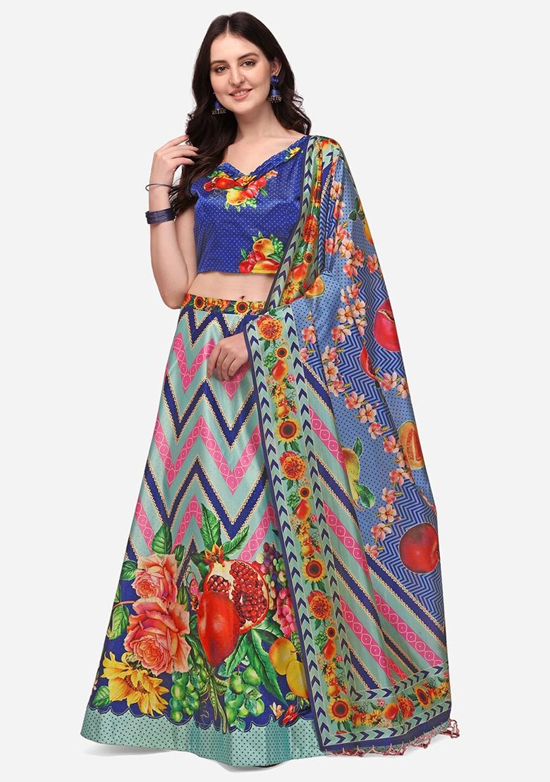 Blue Printed Satin Silk Lehenga Set