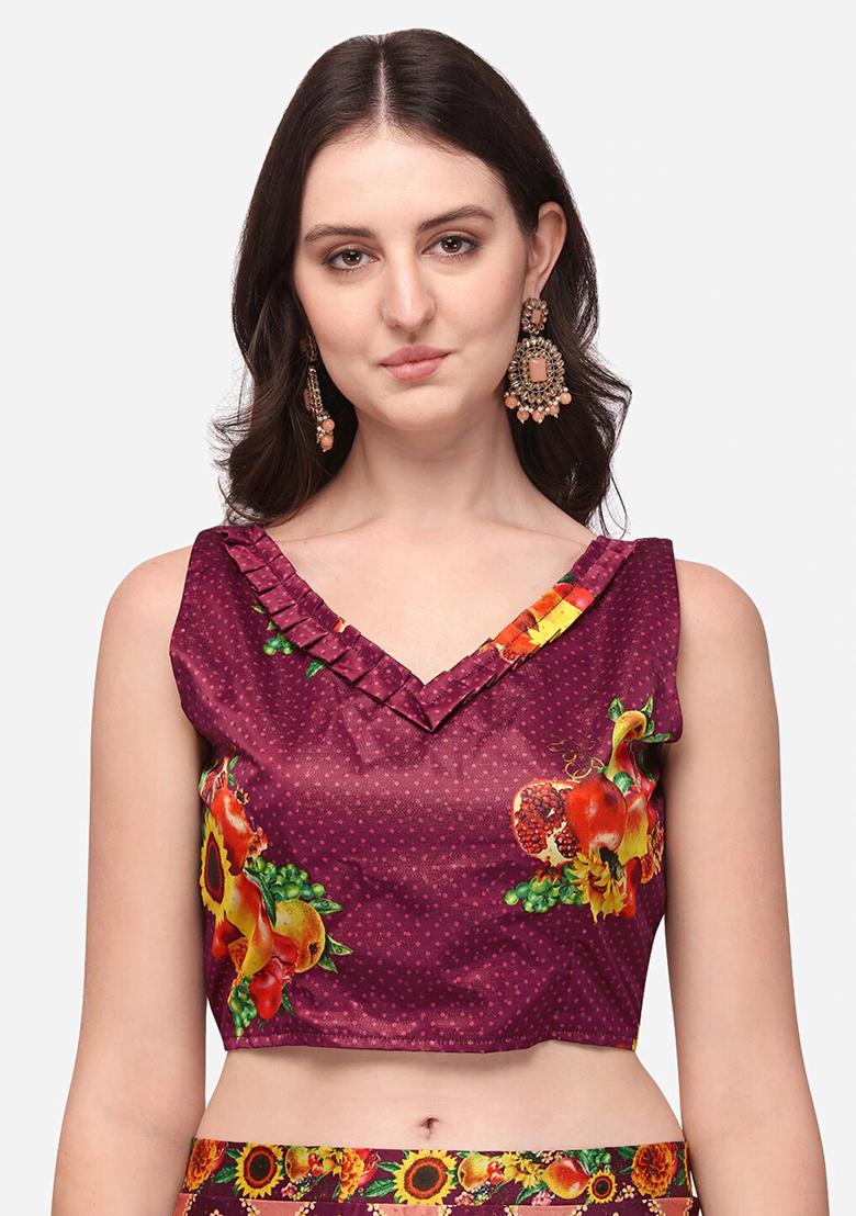 Wine Printed Satin Silk Lehenga Set