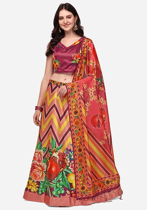 Wine Printed Satin Silk Lehenga Set