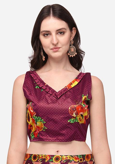 Wine Printed Satin Silk Lehenga Set