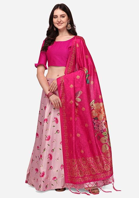 Pink Digital Print Satin Silk Lehenga Set