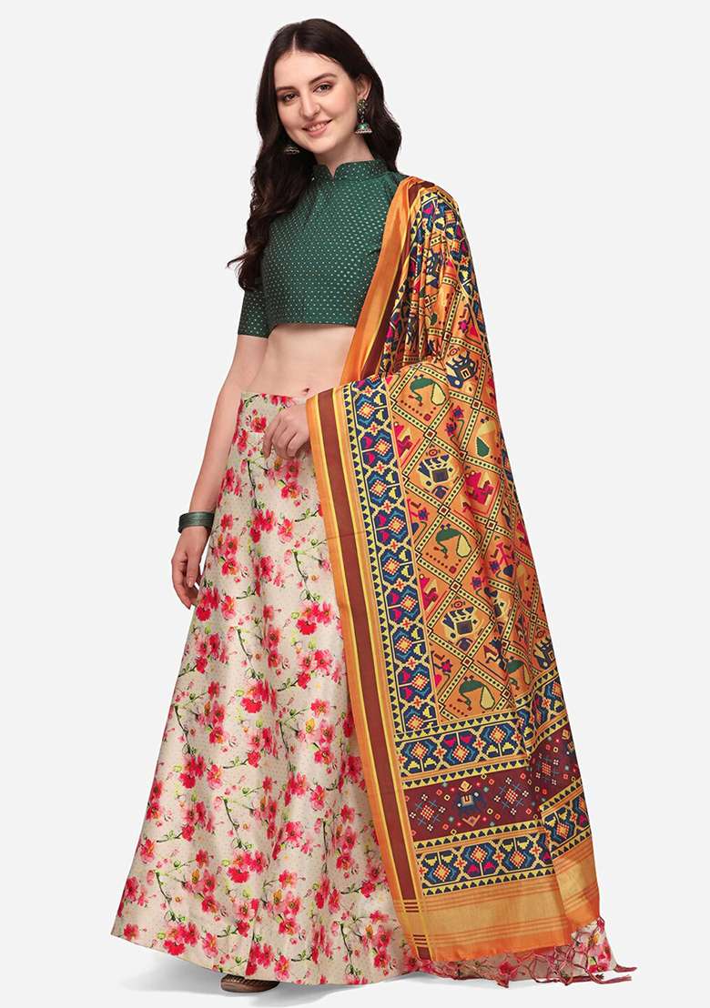 Dark Green Printed Satin Silk Blend Lehenga Set for Diwali and Festive Wear - Indya